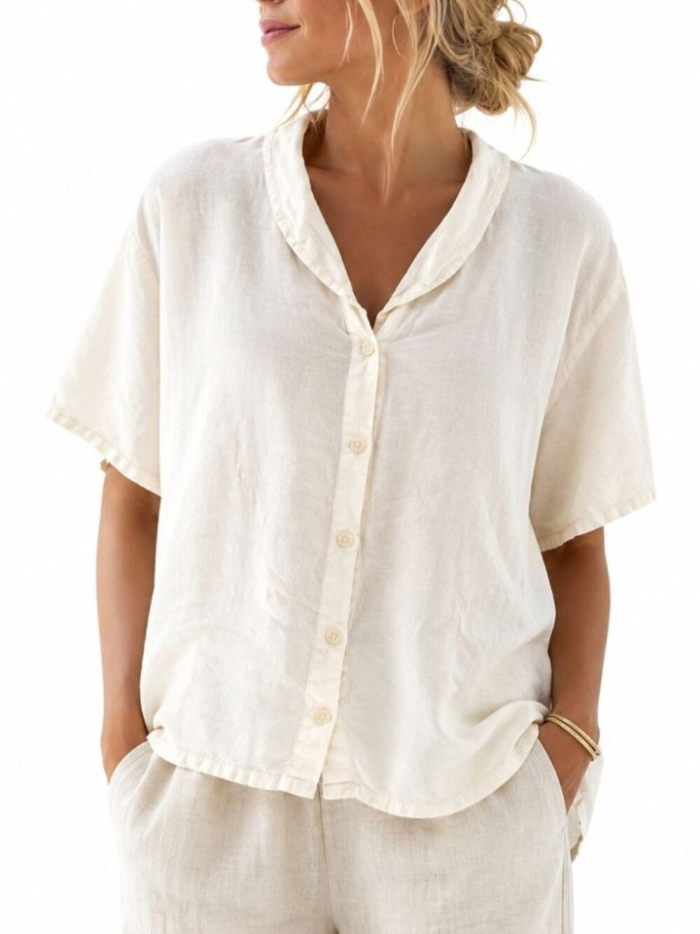FLAX 100% Linen White Button Front Shirt Sz Large Natural Buttons Relaxed Top